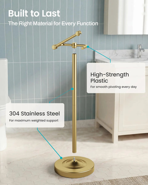 Heavy Duty Freestanding Toilet Paper Holder Stand In Matte Gold Frame showing high-strength plastic and weighted base.