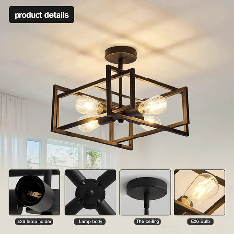 Four Light Black Industrial Flush Mount Ceiling Light Fixture For Kitchen Island And Dining Room Farmhouse Style Perfect For Bedroom Foyer Hallway Or Entrance With Rustic Modern Look And A Cool Farmhouse Vibe And Warm Glow in room setting