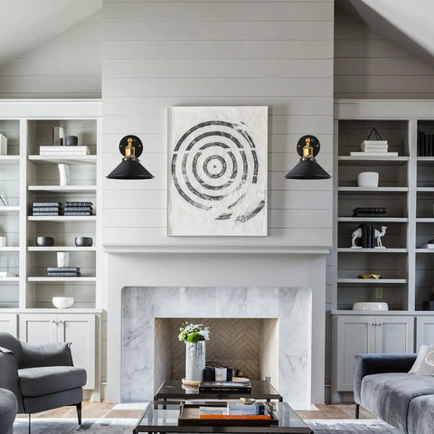 Two Adjustable Matte Black Wall Sconces With Gold Stem, Gallery Hallway Lighting, 240-Degree Tilt for Home Decor above Fireplace
