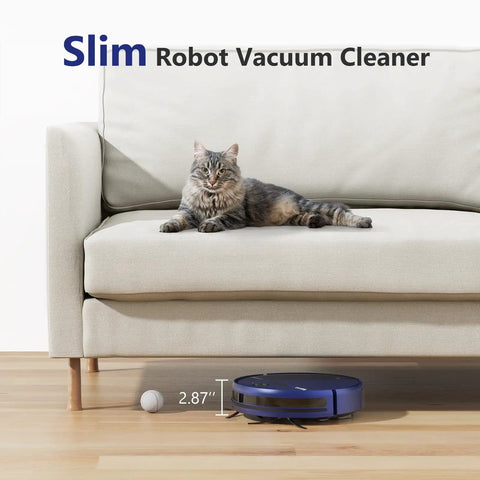 Smart Robotic Vacuum With 2 In 1 Mopping 1400Pa Suction WiFi App Control Works With Alexa And Google Assistant Auto Self Charging Pet Hair Slayer For Carpets And Hard Floors in front of sofa