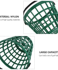 Two views of Go To Green Practice Golf Ball Basket With Foldable Handle Holds Up To 50 Balls Portable Plastic Caddy Organizer