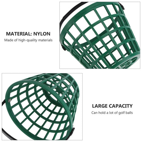 Two views of Go To Green Practice Golf Ball Basket With Foldable Handle Holds Up To 50 Balls Portable Plastic Caddy Organizer