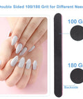 Hands showing nails filed with All In One Nail File And Buffer Set with 4 Way Buffers Shine Kit, 100/180 grit board beside.