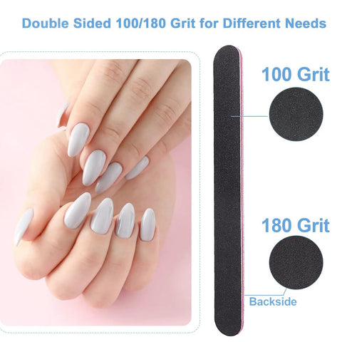 Hands showing nails filed with All In One Nail File And Buffer Set with 4 Way Buffers Shine Kit, 100/180 grit board beside.