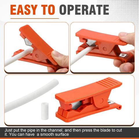 9 Piece PTFE Tube Cutter Set For Plastic Tubing And Hose, compact red cutter shown cutting white tube