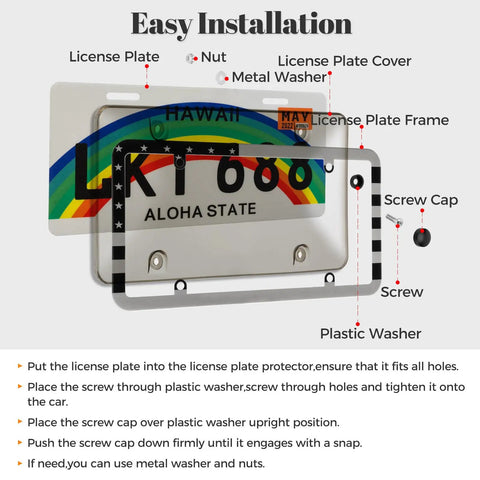 2 Pack Clear License Plate Protector Frames For Front And Rear No Hassle Install With Screws Caps ABS Car Frame Fits Any Standard US Plates American Flag Design Weather Ready And Rust Resistant For Your Ride showing installation diagram and components with Hawaiian plate example.