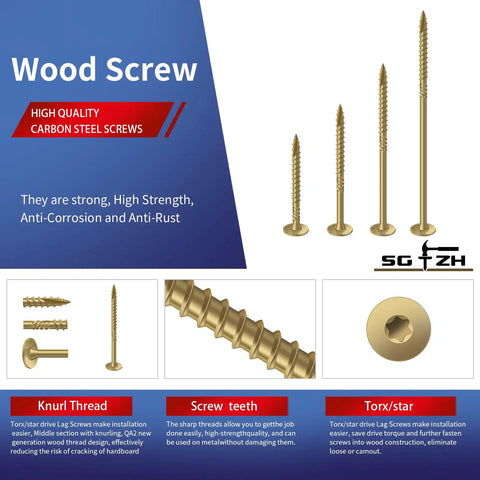 Beefy Heavy Duty Structural Wood Deck Screws Number Fourteen By Two Inches With Knockout Rust Resistant Epoxy Finish And Flat Head Star Drive For Built Tough Outdoor Decking Forty Piece Bundle displayed on a blue background.