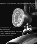 All-In-One Front Bike Light With 75-100dB Horn, Waterproof 3-Pin Connector, mounted on e-bike, side view, close-up.