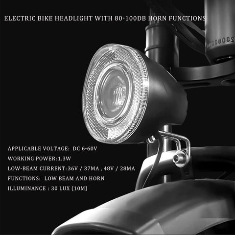 All-In-One Front Bike Light With 75-100dB Horn, Waterproof 3-Pin Connector, mounted on e-bike, side view, close-up.