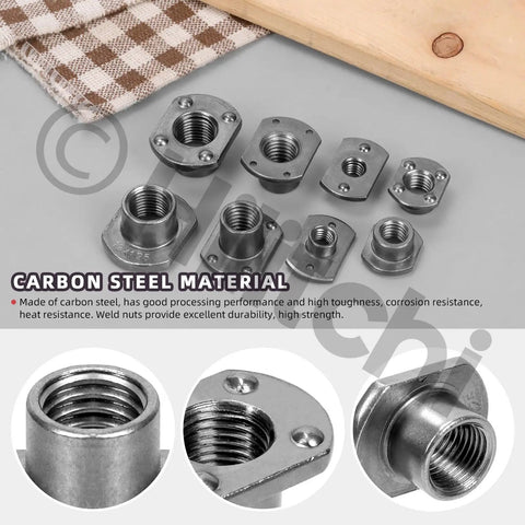 Boss Level 32 Piece T Shape Weld Nuts M6 M8 M10 M12 Premium Carbon Steel Tab Base Locknuts arranged on a surface.