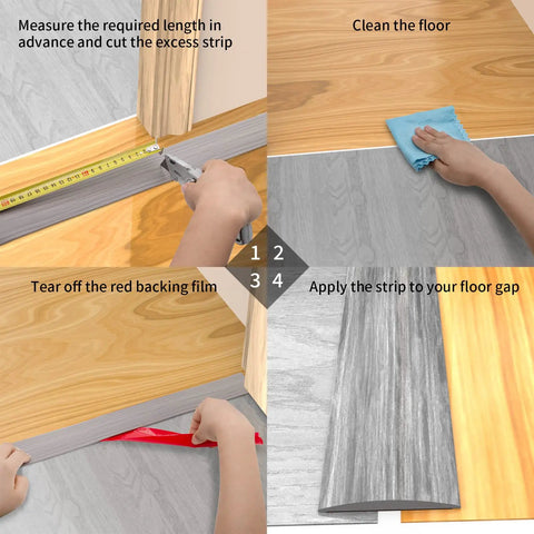 Installation steps for 10 Foot Self Adhesive Floor Transition Strip In Gray Wood Grain Design, Vinyl Carpet Threshold Divider