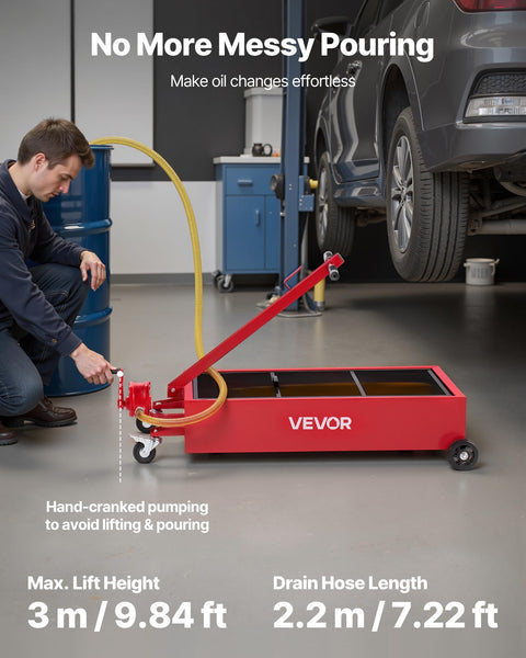 Low Profile 20 Gallon Rolling Oil Drain Pan With Manual Pump And 7.2 Foot Hose, Leak Proof And Corrosion Resistant, red, in use.