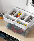Stackable 40Qt Storage Bins With Lids And Trays, Clear Plastic Latching Boxes With Dividers, for tools on shelf, 2 Pack