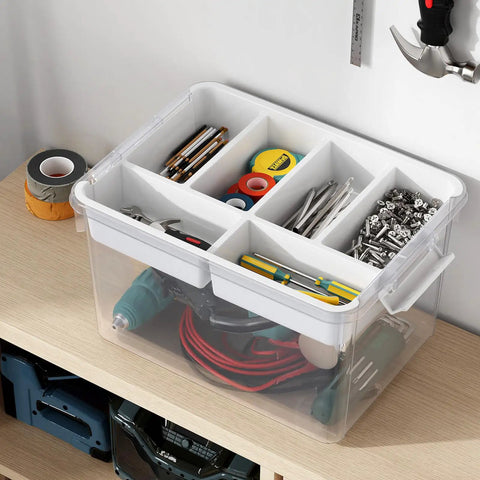 Stackable 40Qt Storage Bins With Lids And Trays, Clear Plastic Latching Boxes With Dividers, for tools on shelf, 2 Pack