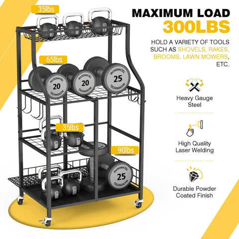 Beefy Garage Organizer With Wheels Large Capacity Garden Tool Storage Rack, five-tier steel with weights, 300 lb load, side view.