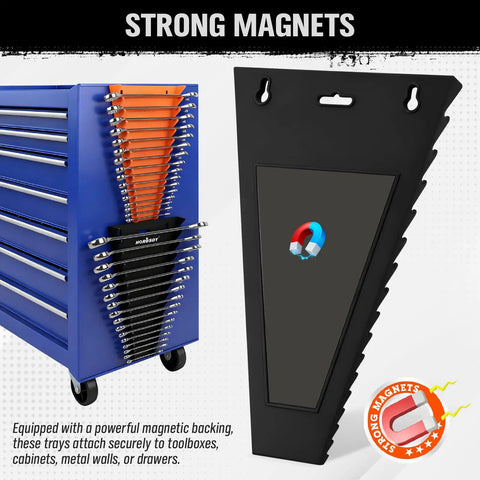 Blue toolbox with Two Piece Magnetic Wrench Organizer With 32 Slots For Toolboxes, Drawers And Garage, black and orange trays.