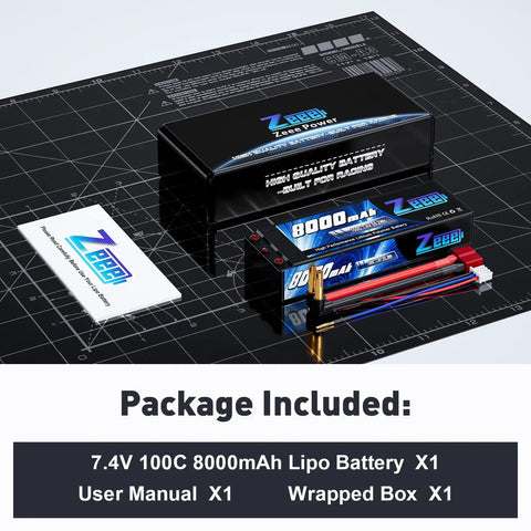 2S 8000mAh LiPo Battery 7.4V 100C Hard Case With 4mm Bullet T Plug package contents displayed on a table