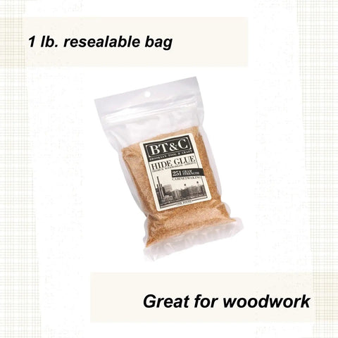Natural Hide Glue Granules For Woodworking And Cabinet Building Reversible Animal Protein Adhesive Heavy Duty Bond in 1 lb resealable bag.