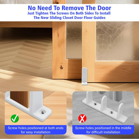 4 Pack Universal Sliding Door Bottom Guide In White ABS Floor Track For One And Three Eighths Inch Thick Closet And Cabinet Doors Includes Mounting Screws And Side Support To Keep Doors Centered And Sliding Smoothly, shown installed with door.