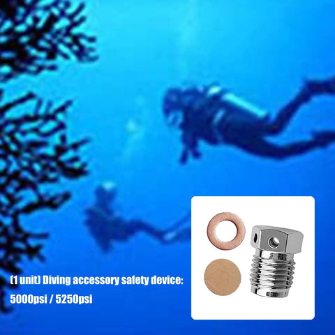Image of Dive Gear Burst Disc Valve Assembly For Scuba Tanks 5000psi 5250psi with stainless steel build, divers in background.