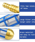 Brass Pressure Washer Inlet Filter For Three Quarter Inch Hoses Water Suction Strainer Keeps Debris Out Of Pump RustProof Stainless Mesh With Nylon Frame Connection From Water Tank To Suction Hose with close-ups of brass fittings and blue frame.