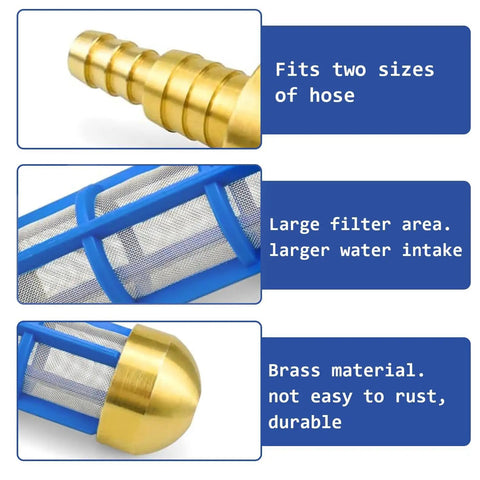Brass Pressure Washer Inlet Filter For Three Quarter Inch Hoses Water Suction Strainer Keeps Debris Out Of Pump RustProof Stainless Mesh With Nylon Frame Connection From Water Tank To Suction Hose with close-ups of brass fittings and blue frame.