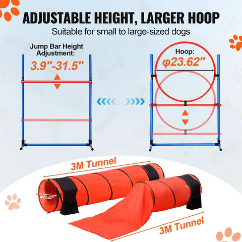 Ultimate Dog Agility Course Backyard Set With 13 Pieces showing adjustable hurdles, jump ring, and 3m tunnels.