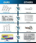 Comparison chart showing Eight Sizes R Clips Set With Ninety Pieces Hairpin Cotter Pins and generic ones, highlighting multiple sizes, storage box, premium stainless steel, and clear label.