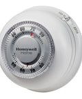 Round No Frills Non Programmable Manual Thermostat With Easy Dial Control For Home Heating And Cooling, large white dial close-up view.