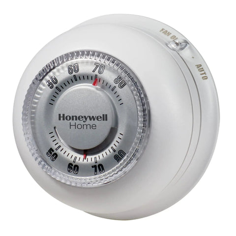 Round No Frills Non Programmable Manual Thermostat With Easy Dial Control For Home Heating And Cooling, large white dial close-up view.