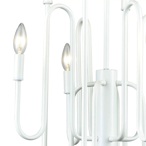 Close-up of Decatur 8 Light Matte White Chandelier For Ceiling Mount, metal fixture with lit bulbs, modern farmhouse decor.
