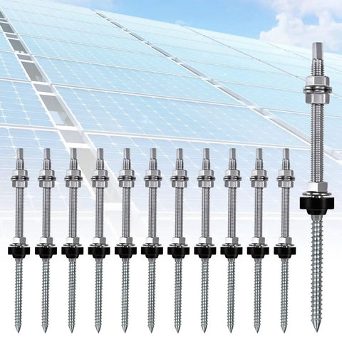 Straight Up Heavy-Duty Stainless Steel Hanger Bolts M10x200, No-Sweat Pre-Assembled Height Adjustable V2a Hardware For Solar Roof Panel Mounting, 8 Pack Go-Getter Kit arranged for solar panel installation.
