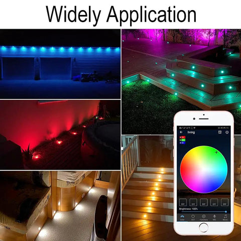 Lit LED Deck Lights Kit 10 Pack RGBW Recessed Low Voltage In Ground Lighting with Smartphone Control in various outdoor settings