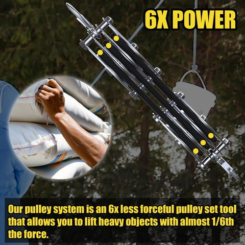 Heavy Duty Block And Tackle System With 2200 Lbs Breaking Strength Fifty Feet Of Three Eighths Inch Rope Five To One Lifting Power Pulley Hoist