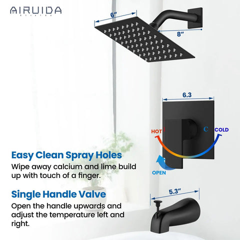Hassle Free Matte Black Shower Faucet Set With Six Inch Rainhead And Tub Spout Solid Brass Rough In Valve All In One Bath Kit That Makes Renovations Dead Simple