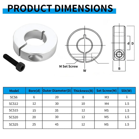 4 Piece Aluminum Split Shaft Collar Set With 20mm Bore, 40mm Outer Diameter, 12mm Thickness, M5 Set Screws, diagram and dimensions