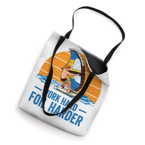 Work Hard Foil Harder Wing Foil Wingsurfing Tote Bag with wing surfing graphic, 16x16 in, black handles, durable water sports carry bag