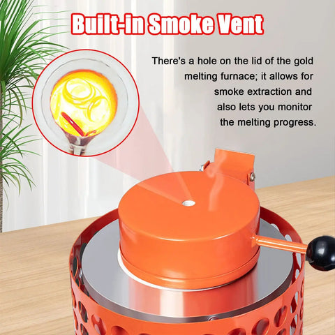 1800W Electric Gold Melting Furnace With Graphite Crucible Reaches 1100 Degrees Celsius In Minutes Built For Melting Gold Silver Copper And Aluminum Up To 1kg Fast Heating And Precise PID Control Your Go To Jewelry And Metal Casting Tool with built-in smoke vent.