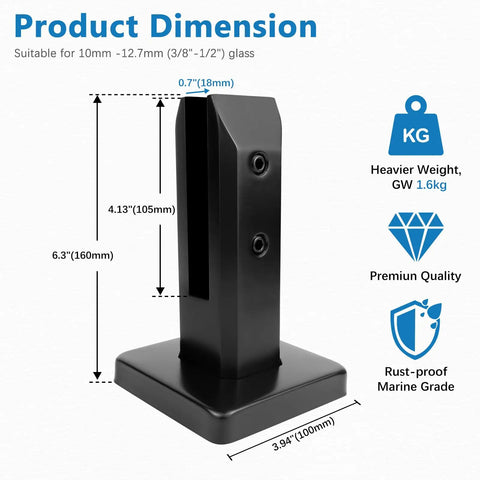 4 Pack Matte Black Glass Pool Fence Spigots SS2205 Marine Grade for Decks and Balconies with dimensions and features