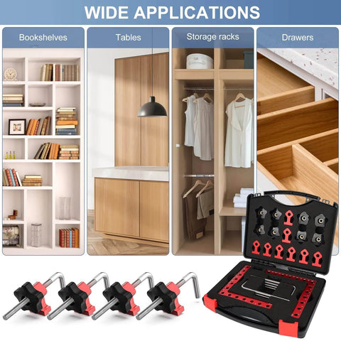Right Angle Corner Clamp Set For Woodworking Pro Grade Aluminum Alloy Four Pack Five Point Five Inch Square Positioning Squares Heavy Duty 90 Degree Precision Ideal For Picture Frames Boxes Cabinets And Drawers, shown with tool case and various applications