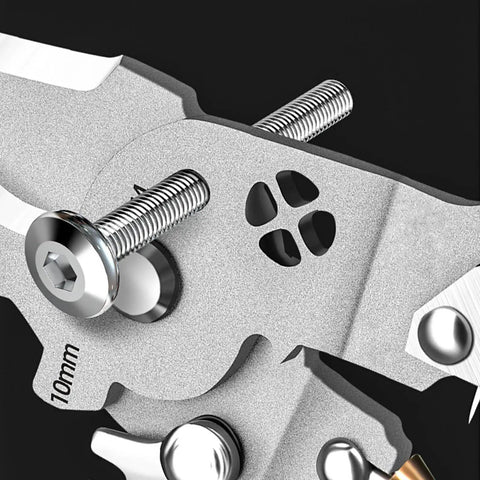 Close-up of stainless steel Pro Grade Badass Heavy Duty Foldable Wire Stripper And Multi Function Crimper with screws.