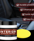 Interior Car Scratch Repair Wax For Dashboard And Plastic Trim Quick Scratch Remover That Restores Shine And Makes Scratches Disappear On Your Ride Easy To Use 100g Great For Dashboard Panels Center Console And Door Trim in a 100g container with applicator pad next to car interior.