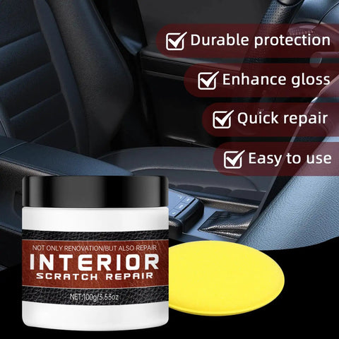 Interior Car Scratch Repair Wax For Dashboard And Plastic Trim Quick Scratch Remover That Restores Shine And Makes Scratches Disappear On Your Ride Easy To Use 100g Great For Dashboard Panels Center Console And Door Trim in a 100g container with applicator pad next to car interior.