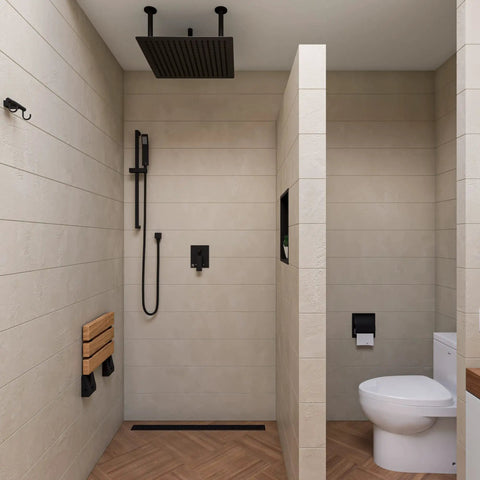 Modern bathroom with 36 Inch Linear Shower Drain Black Matte 304 Stainless Steel Heavy Duty Rock Solid Hair Catcher Groove Design.