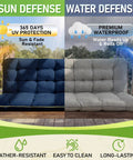 60 By 40 Inch Outdoor Swing Cushions With Backrest And Tie Straps For 2 To 3 Seater Patio Benches Blue Crushed Sponge Filled All Season 600D Oxford Fabric Quick Dry Moisture Shedding Easy Care No Fuss shown with UV and waterproof protection features.