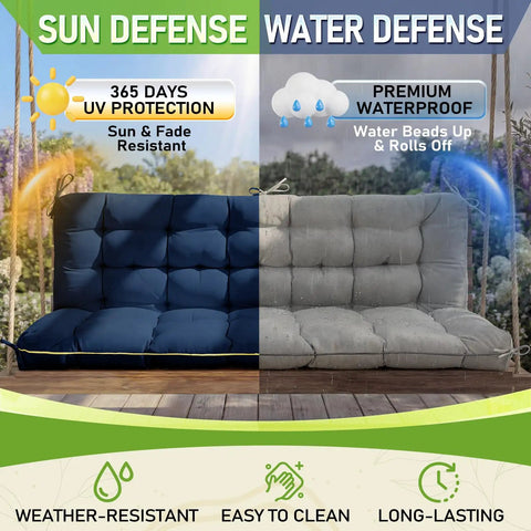 60 By 40 Inch Outdoor Swing Cushions With Backrest And Tie Straps For 2 To 3 Seater Patio Benches Blue Crushed Sponge Filled All Season 600D Oxford Fabric Quick Dry Moisture Shedding Easy Care No Fuss shown with UV and waterproof protection features.
