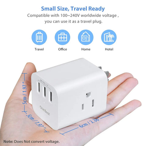 Travel Ready Three Outlet Extender With Three USB Ports And Built In Surge Protector, Compact Wall Plug Power Hub For Home Office And On The Go, Safe Charging For Phones, Tablets, And More