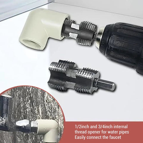 ZJchao PVC Pipe Threader Kit With 3 Dies For 1/2 3/4 And 1 Inch Plastic Pipes showing 1/2 and 3/4 inch thread dies attached to a drill.