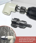 HaloVerde Electric Drill Pipe Threader Kit With 3 Dies For Pvc Pipes showing 1/2 inch and 3/4 inch thread dies attached to a cordless drill.