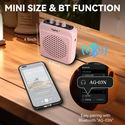 Mini 3W Rechargeable Bluetooth Guitar Amp With Dual Channel Clean And Overdrive For Indoor Practice And Travel shown next to phone